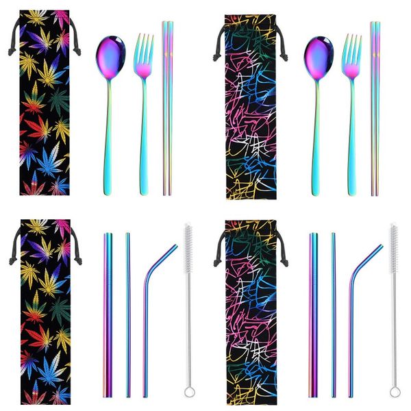 Aço inoxidável palha Chopsticks Spoons Knife Set colorido Milk Tea palhas com escova de limpeza jogo jogos metal Talheres