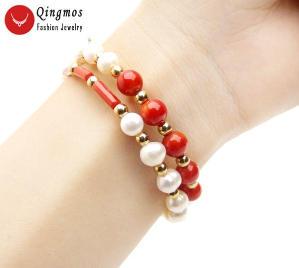 

qingmos fashion thick slice 3*9mm natural red coral bracelet for women with 6mm red coral 15" steel wire wrap bracelet jewelry, Black