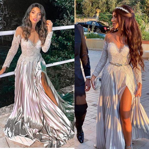 

2020 long sleeve prom dresses beading sheer neck side split evening dress formal floor length party gowns, Black