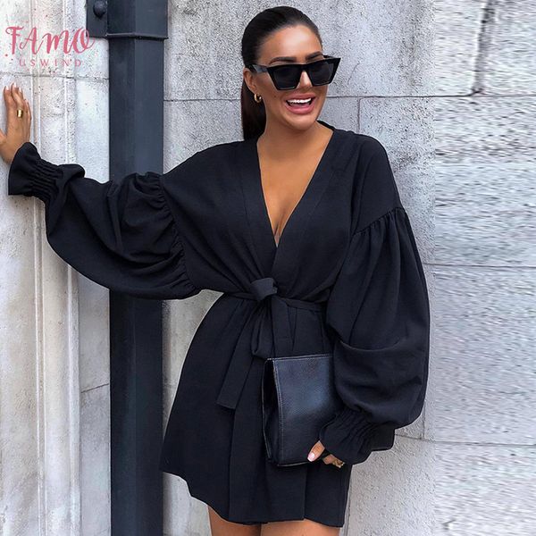 

осень глубокий v образным вырезом свободные короткие черные рубашки платье женщины длинный фонарь рукав качели офис леди сексуальные платья, Black;gray