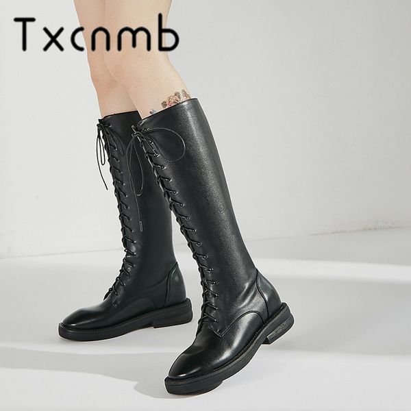 

txcnmb 2019 boots women knee high boots for women winter genuine leather high heel lace-up shoes woman size 40, Black