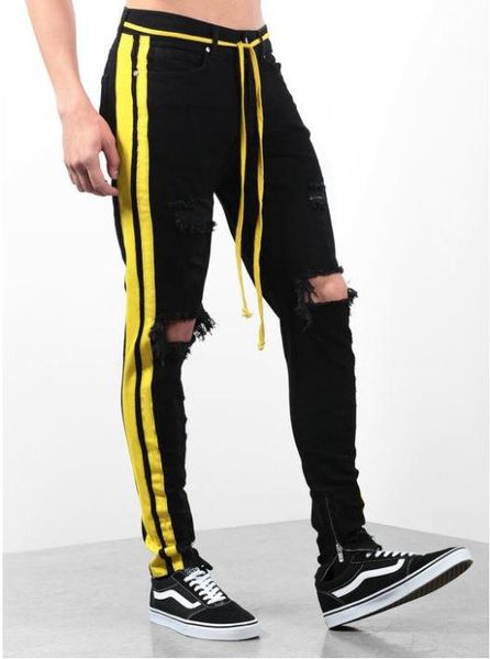 

men black ripped jeans holes designer respresent striped long pencil pants pantalones, Blue