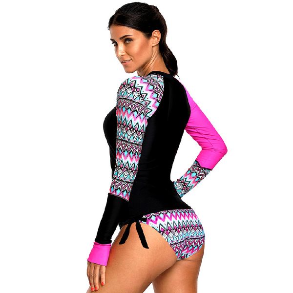 

dropshipping long sleeve surfing swimsuit women's round neck conservative print no underwire split swimsuit bikini swimwear