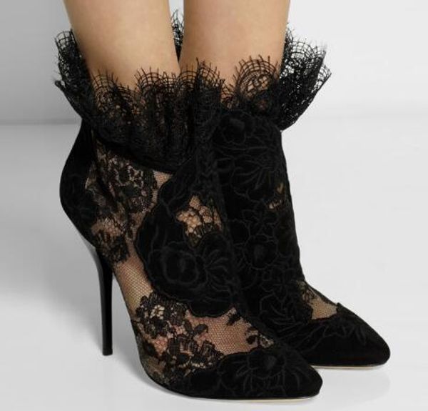 Hot Sale-ted Toe Botas Luxo Black Lace Salto Alto vestido formal Bombas Plus Size 42