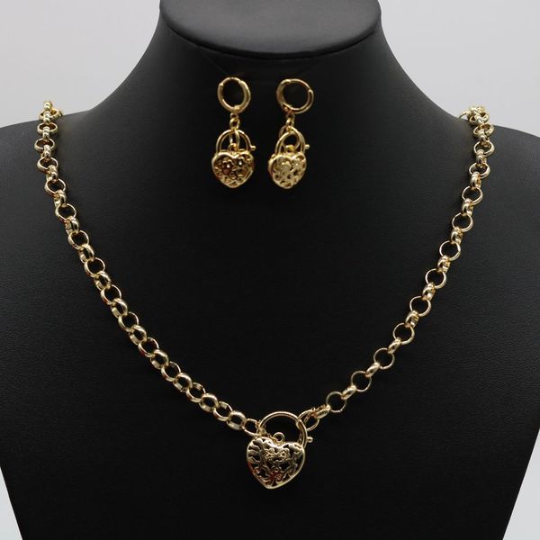

love heart padlock jewelry set 18k yellow gold filled classic wedding luxury womens pendant necklace earrings set gift, Slivery;golden