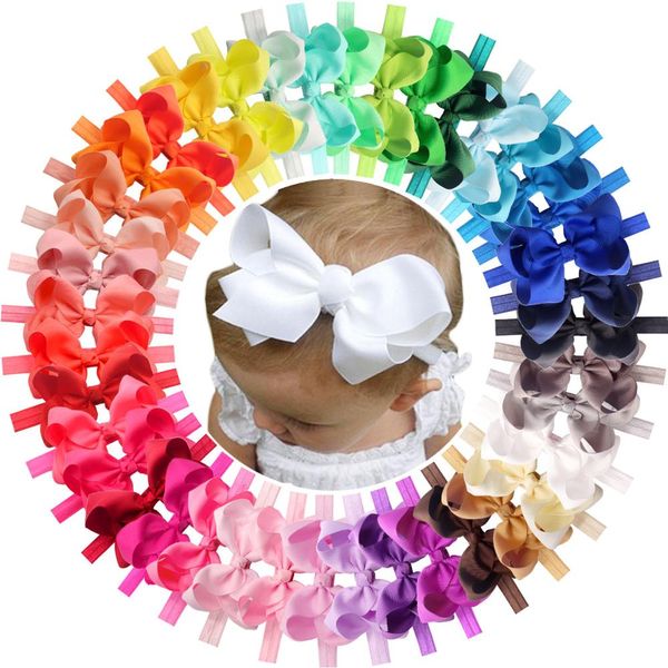 

40 pcs colors 4.5 inches grosgrain ribbon baby girls hair bows headbands for infants newborn and toddlers, Slivery;white