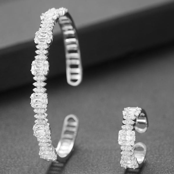 

godki stackable bangle ring set for women full micro baguette cubic zircon party wedding saudi arabic dubai jewelry sets, Silver