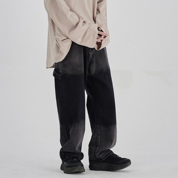 

мужская винтажная мода уличная одежда хип-хоп джинсы брюки мужские свободные повседневные градиентные промытые прямые широкие джинсовые брюк, Blue