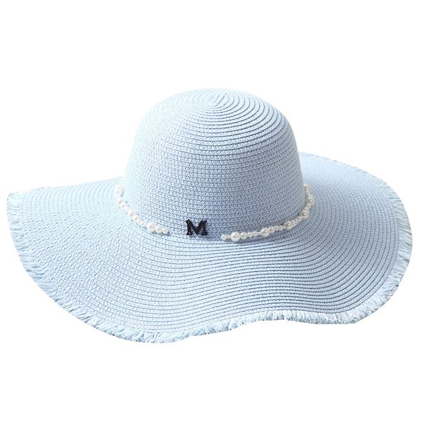 

big wide brim floppy beach hat for girls summer sun protective hats for women outdoor seaside vacation straw hat bead visors cap, Blue;gray