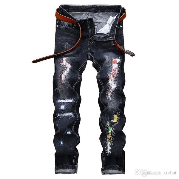 

fashion mens ripped patches slim fit jeans designer big size straight leg motocycle biker denim pants trousers size 29-42 jb181, Blue