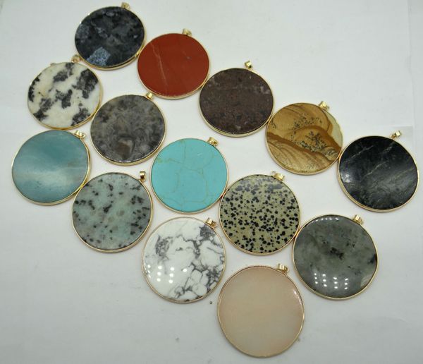 

natural stone tiger eye quartz crystal turquoises aventurine round cake pendant for diy jewelry making necklace accessories6pcs, Silver