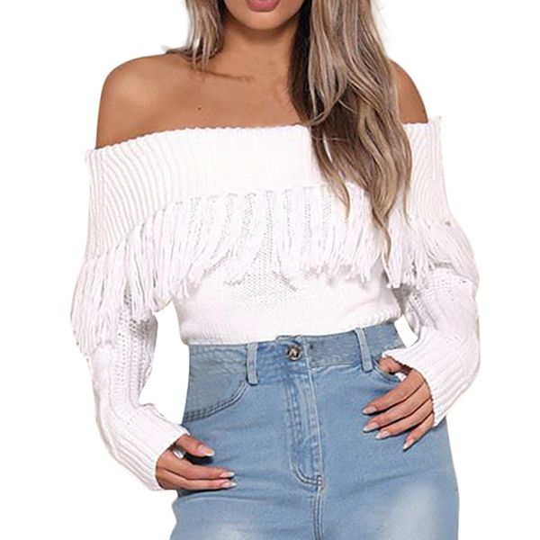 

women solid off shoulder tassel long sleeve loose sweaters blouse pull femme nouveaute 2019 woman sweaters pullovers, White;black