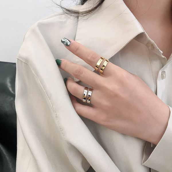 

silvology 925 sterling silver glossy double layer rings elegant design ins korea adjustable rings party jewelry lady gift, Golden;silver