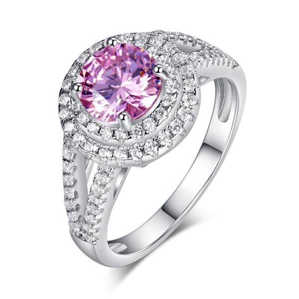 

exquisite wedding ring double halo 925 sterling silver engagement ring 1.25 ct fancy pink created diamond promise anniversary ring, Slivery;golden