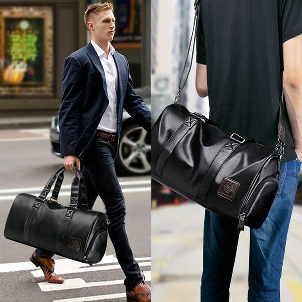 

prettyzys men's black handbag travel bag waterproof leather large capacity travel duffle multifunction tote casual crossbody bag