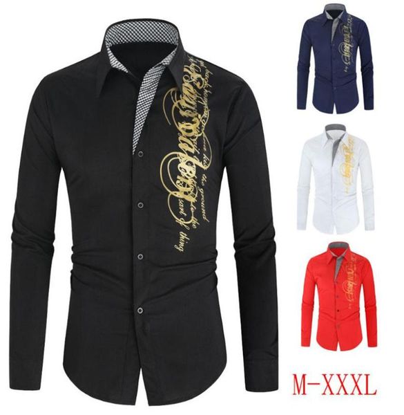 

fashion trendy men's business leisure long sleeve shirt slim gold stamping long sleeve shirt men's personality office casual, White;black