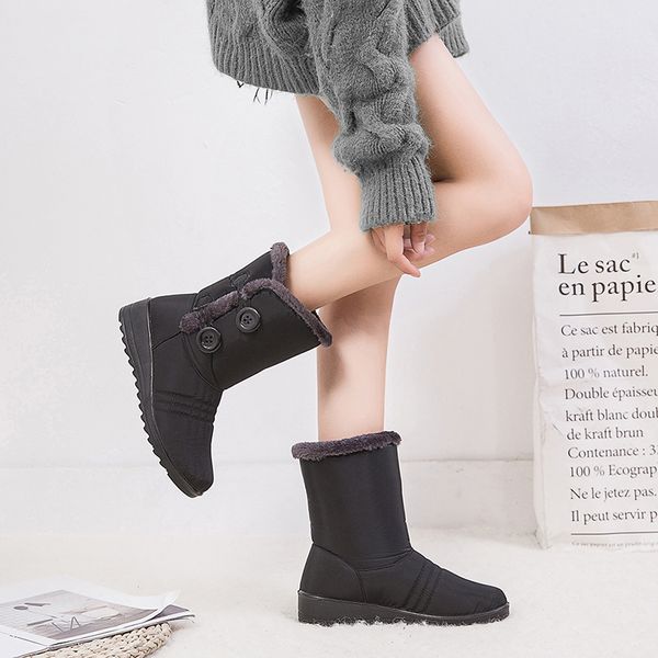 

snow boots ботинки женщин среднего теленок кнопка девушка зимняя обувь женщина плюшевый стелька botas женской водонепроницаемая дама снег, Black