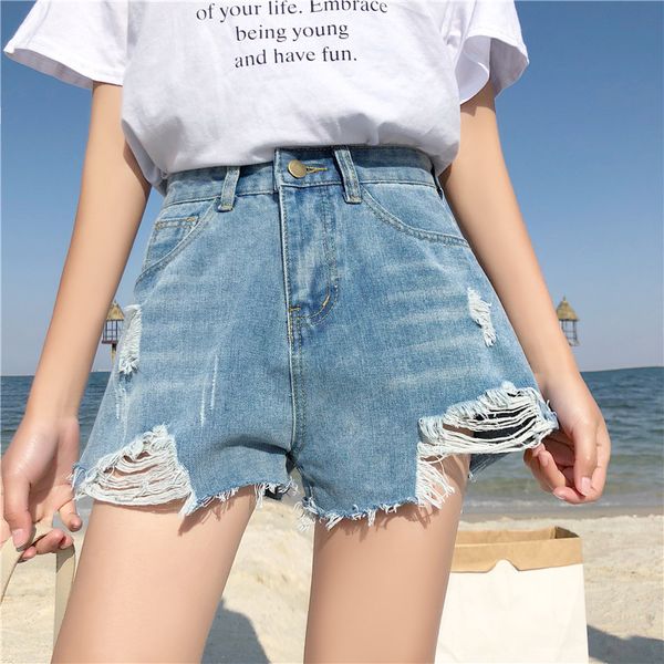 

2019 summer denim short jeans women sexy high waist hole ripped shorts fashion casual slim plus size denim shorts lady hot pants, Blue