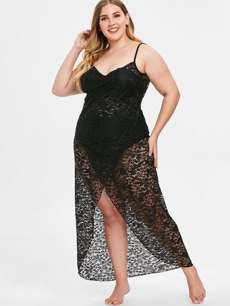 

belleziva plus size spaghetti strap lace cover up dress solid black lace hollow out wrap summer oversize women cover up, Blue;gray