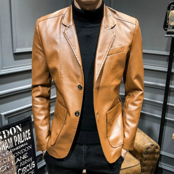 

2020 new men's pu jackets spring fashion male leather jacket men suede jacket mens casual suit collar leather coats, Black
