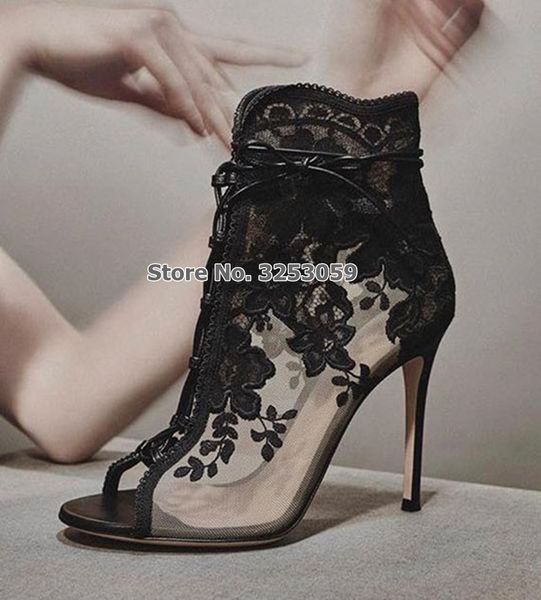 

almudena women mesh embroidery flowers ankle boots black beige lace floral pump lace-up stiletto heels peep toe dress shoes