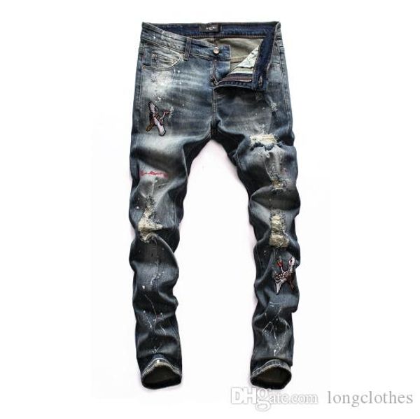 

mens pants badge rips stretch black jeans fashion designer slim fit washed motocycle denim pants panelledtrousers mens designer pants, Blue