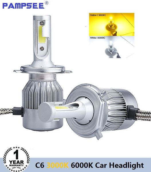 

pampsee c6 h7 h4 led h13 h11 h1 9005 9006 hb3 h3 cob 72w 7600lm car headlights bulb head lamp fog light white 6000k 3000k yellow