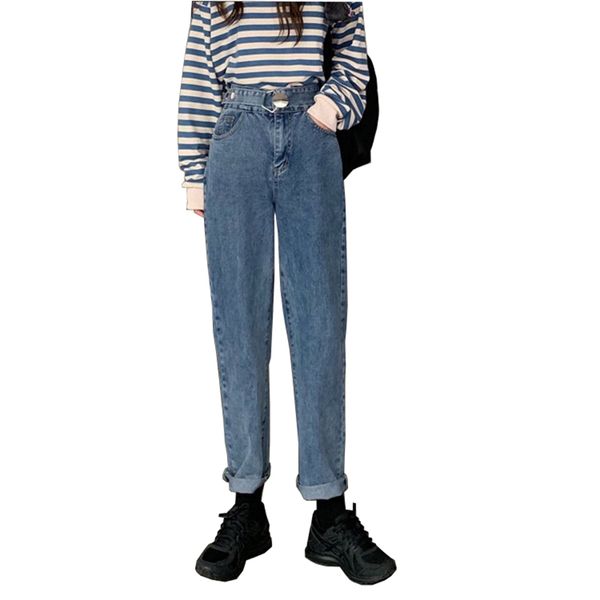 

2019 fashion autumn high waist jeans women loose straight pants students casual trousers wild washed denim pants female a3066, Blue