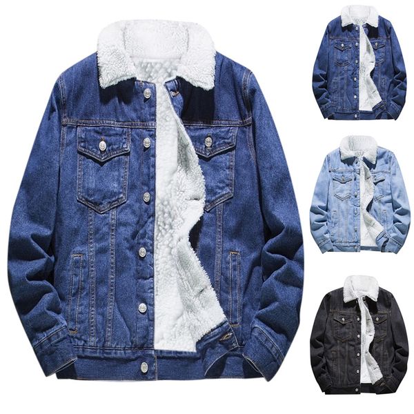 

denim jacket men's autumn winter bomber jacket men add wool casual vintage wash distressed denim coat chaqueta hombre, Black;brown