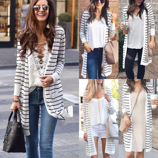 

hirigin fall 2018 new fashion women long sleeve stripe cardigan casual slim long cardigan outwear coat jacket, Black;brown