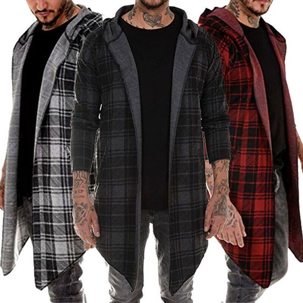 

stylish men hoodie warm hooded plaid open stitch coat jacket casual outwear overcoat trench, Tan;black