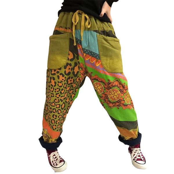 

2019 women's winter thick large size trouserswomen's new casual warmtrousers women's retro plus velvet printed harem pants, Black;white