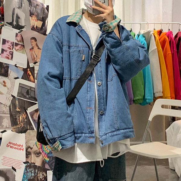 

winter men's loose tide thicken velvet waterproof cowboy parkas casual coats snow denim jacket in warm cotton-padded clothes, Black