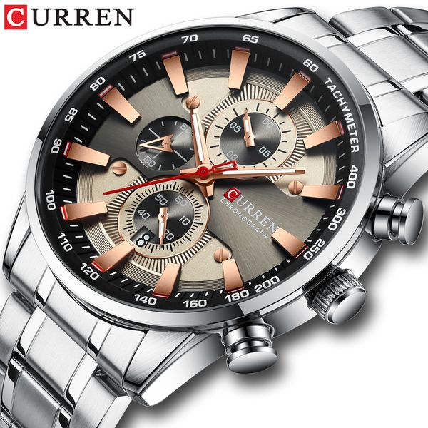 

curren watch men's wristwatch with stainless steel band fashion quartz clock chronograph luminous pointers unique sports watches, Slivery;brown