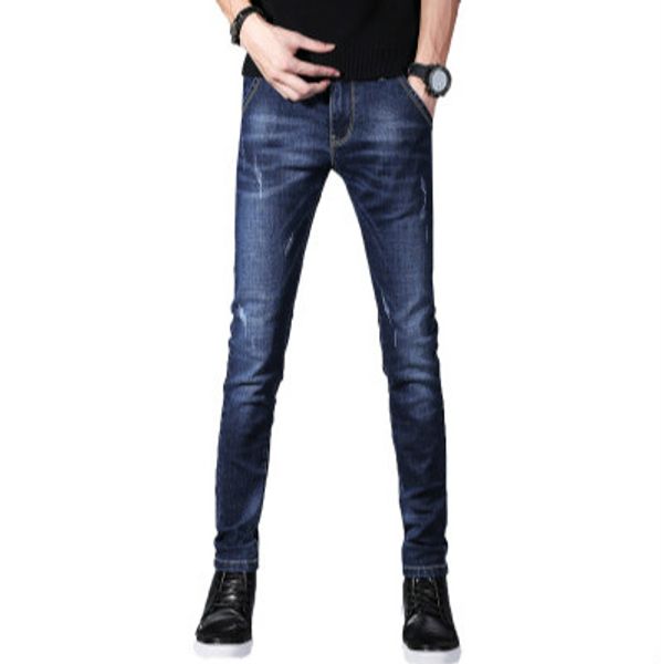 

mens designer jean trouser fashion slim long youth trend washed casual feet pants mens luxury skinny bleached jeans, Blue