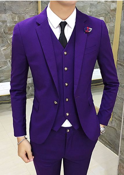 

new arrival purple slim fit men wedding tuxedos notch lapel one button groom tuxedos 2019 style men 3 piece suit(jacket+pants+tie+vest) 2069, Black;gray