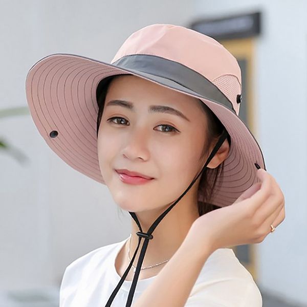 

bucket hat wide brim quick drying breathable packable foldable sunshade sun ponytail cap with chin strap, Black;white