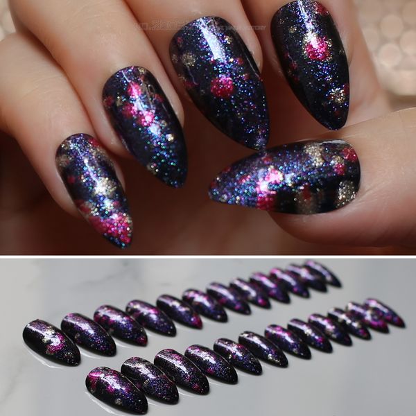 

red blue flash 24pcs full sets gradient stiletto false nails art, casual glitter graffiti fake nail pointed press on nails cool, Red;gold