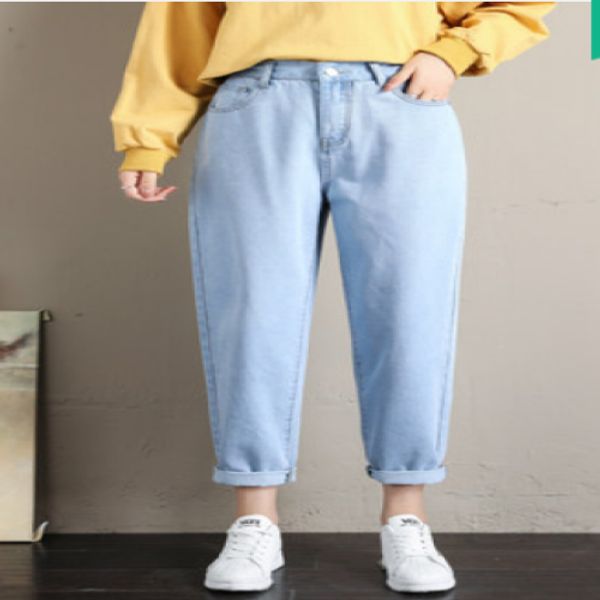 

light blue add wool female straight jeans loose haroun pants of tall waist thickening outside wear pants