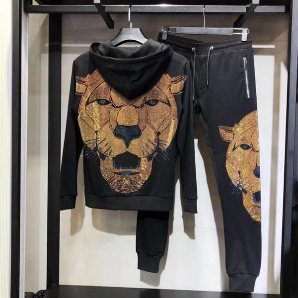 

brand clothing men's rhinestone big lion sweatpants sweatshirt contrast jogging zip full tracksuit hoodies fleece joggers set, Gray
