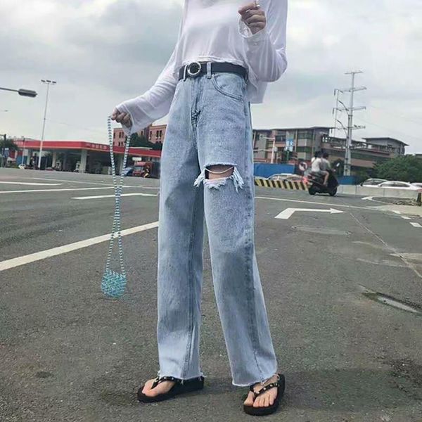 

cthink good quality 2020 hole solid cotton jeans women casual loose street denim pant stylish korean summer blue womens jeans