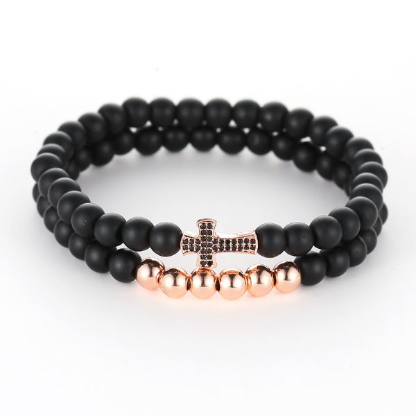 

2019 new 6mm black abrasive fashion bead bracelet 2/set charm gold copper cross micro inset zircon accessories jewelry for men