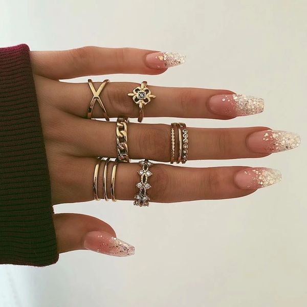 

8 pcs/set rings set vintage rhinestone midi finger ring sets for women gypsy dancer boho party jewelry, Silver