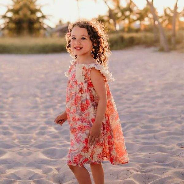 

girls bohemia dress toddler baby linen floral dresses with tassel 1-8y, Red;yellow