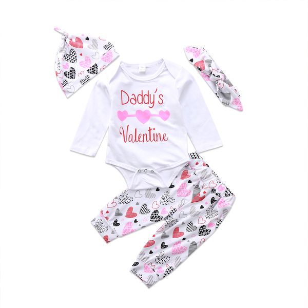 

2019 4pcs newborn baby girl valentine's clothes sets o-neck romper + long pants + hat + hairband outfits 0-24m wholesale hot, Pink;blue