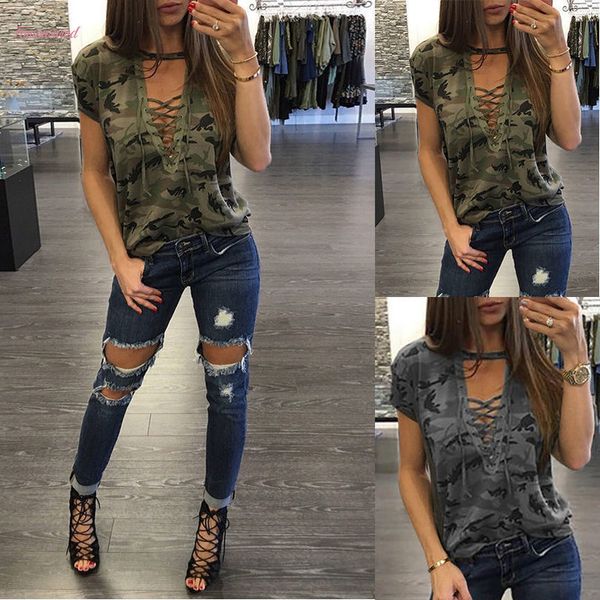 

new fashion womens camouflage print summer v neck short sleeve t shirt uk drop shipping, White