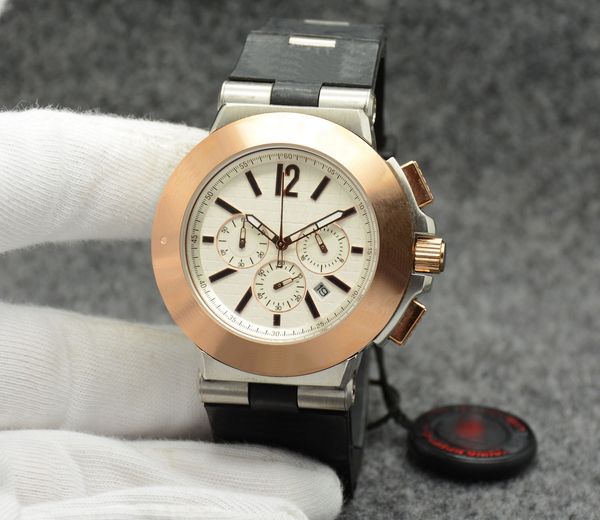 

fixed rose gold bezel 42mm quartz outdoor mens watches watch white white dial all subdials working watches with rubber band with steel links, Slivery;brown