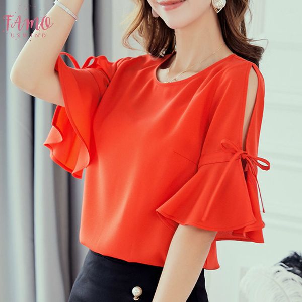 

korean womens blouses office casual o neck flare sleeve off shoulder slim shirts summer 2020 streetwear red blusas, White