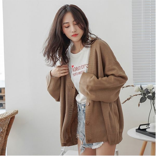 

fashion solid color women knitted cardigan autumn winter 2019 casual v neck long sleeve crochet knit sweater coat female, White
