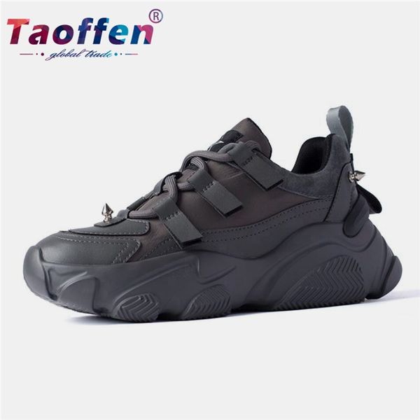 

taoffen genuine leather walking shoes women gray sneakers casual teen daily shoes walking for women size 35-40, Black